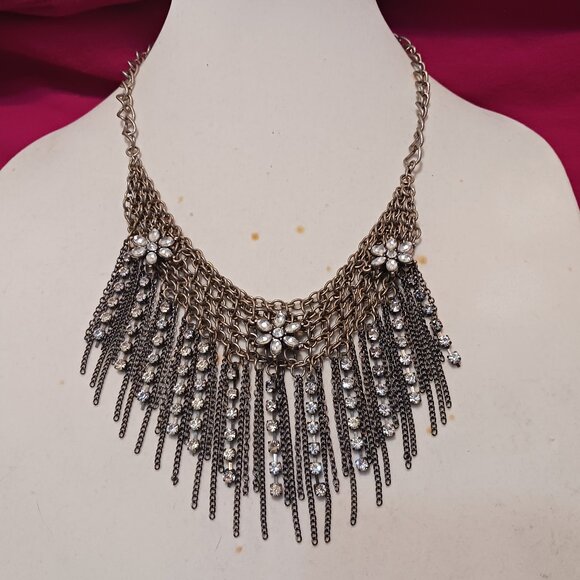 Vintage Chainmail Bib Necklace with Chain Fringe and Rhinestone Flower Accents - Picture 12 of 12
